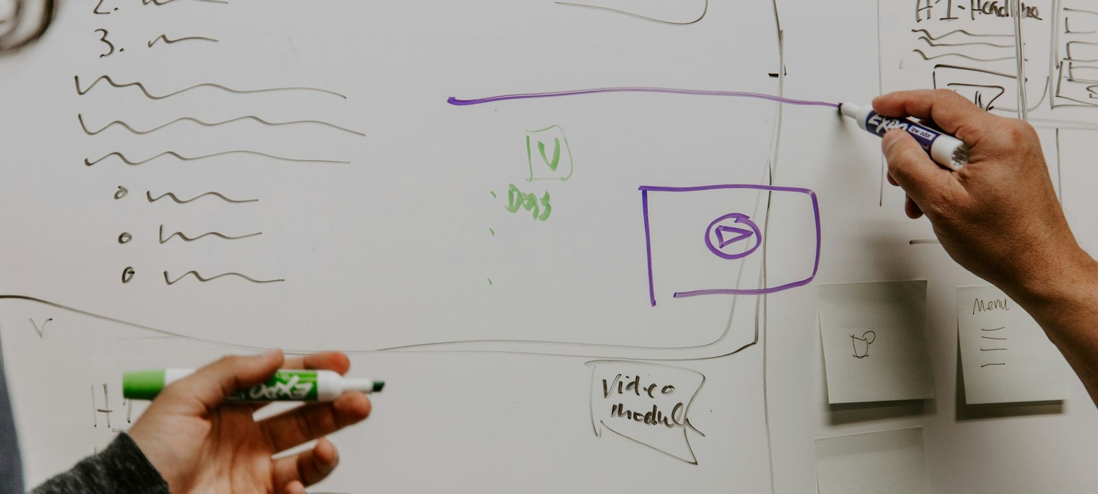 Deux personnes travaillent sur un tableau blanc couvert de notes